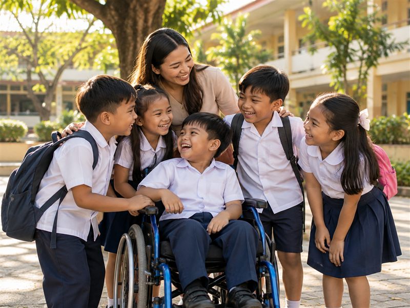 Inclusive group of pupils sharing a joyful moment with their teacher